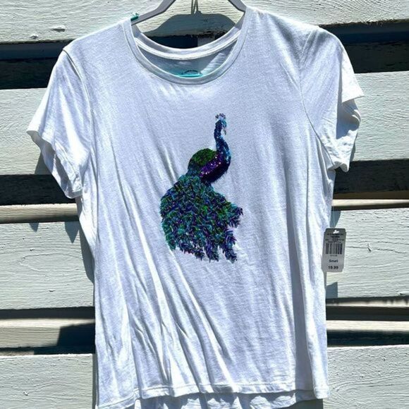 NWT Peacock Sequin Embellished Tee - Picture 1 of 8